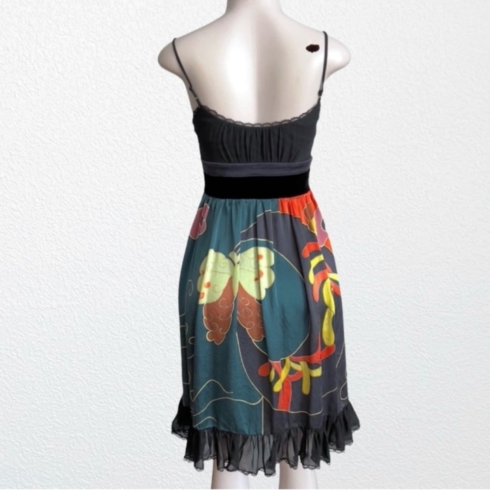 Sue Wong Ruffle Silk Strappy Dress Black Floral Botanical Print SZ 0 - Picture 8 of 11